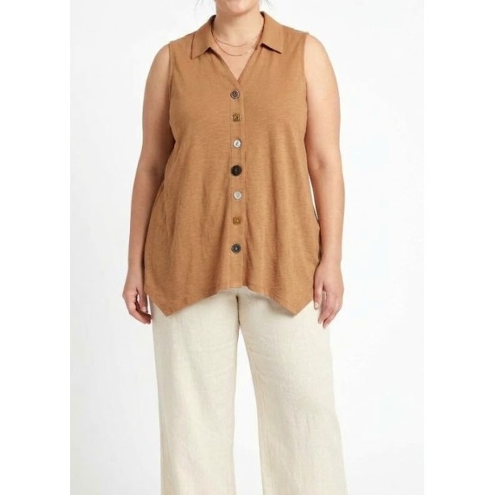 Soft Surroundings Sleeveless Top 1X Cotton Slub Eclectic Button Artsy Travel